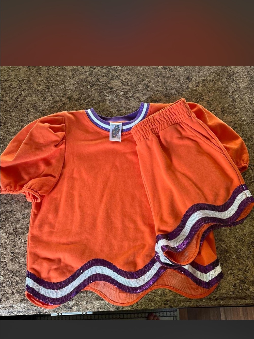 QUEEN OF SPARKLES Orange, Purple & White Wavy Clemson Top & Shorts Set